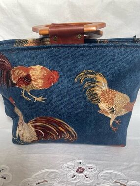 Blue Rooster-Print Denim Tote with Wood Handles